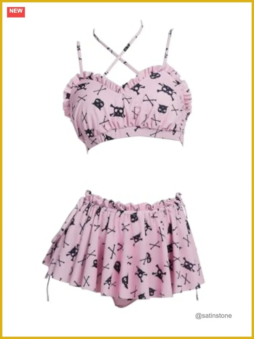 Gothic Bikini Set with Skirt - Cartoon Skull Cat Print Swimwear